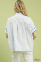 Umgee Striped Embroidered Blouse with Scallop Trim