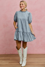 SO ME Denim Short Sleeves Mini Tiered Dress