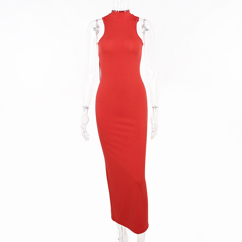 Hollow Out Sleeveless Hanging Neck Dress At Back