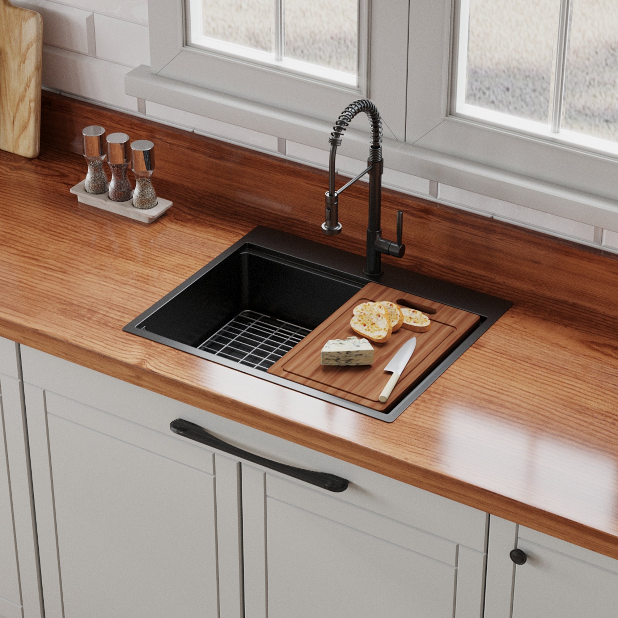 30' x 22' Black Drop In Kitchen Sink, 16 Gauge Stainless Steel Workstation Sink