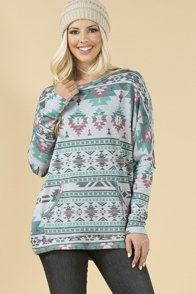 Smoky Mountain Gray Aztec Print Tunic with Pockets Made in America Baha Ranch Western Wear