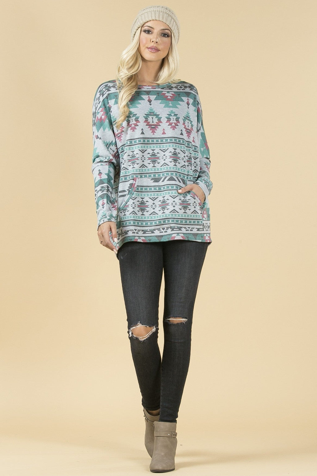 Smoky Mountain Gray Aztec Print Tunic with Pockets Made in America Baha Ranch Western Wear
