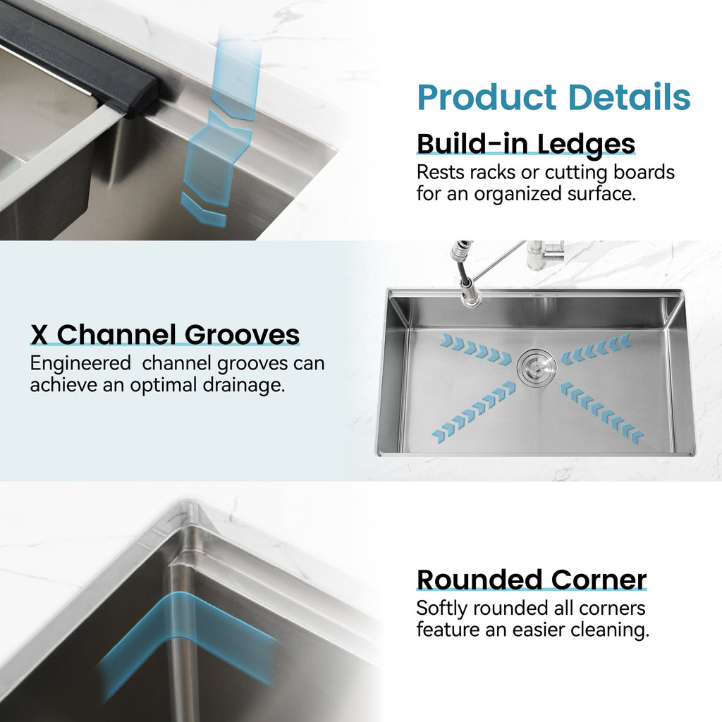 Stainless Steel Kitchen Sink, 30″x19″ Single Bowl, Undermount Handmade Sink in Brushed, with Cutting Board, Colander