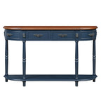 Retro Curved Wood Console Table, 52 inch Circular Half Moon Sofa Table with Open Shelf and 2 Drawers, Solid Wood Entry Table for Living Room, Hallway, Navy Blue + Brown Top