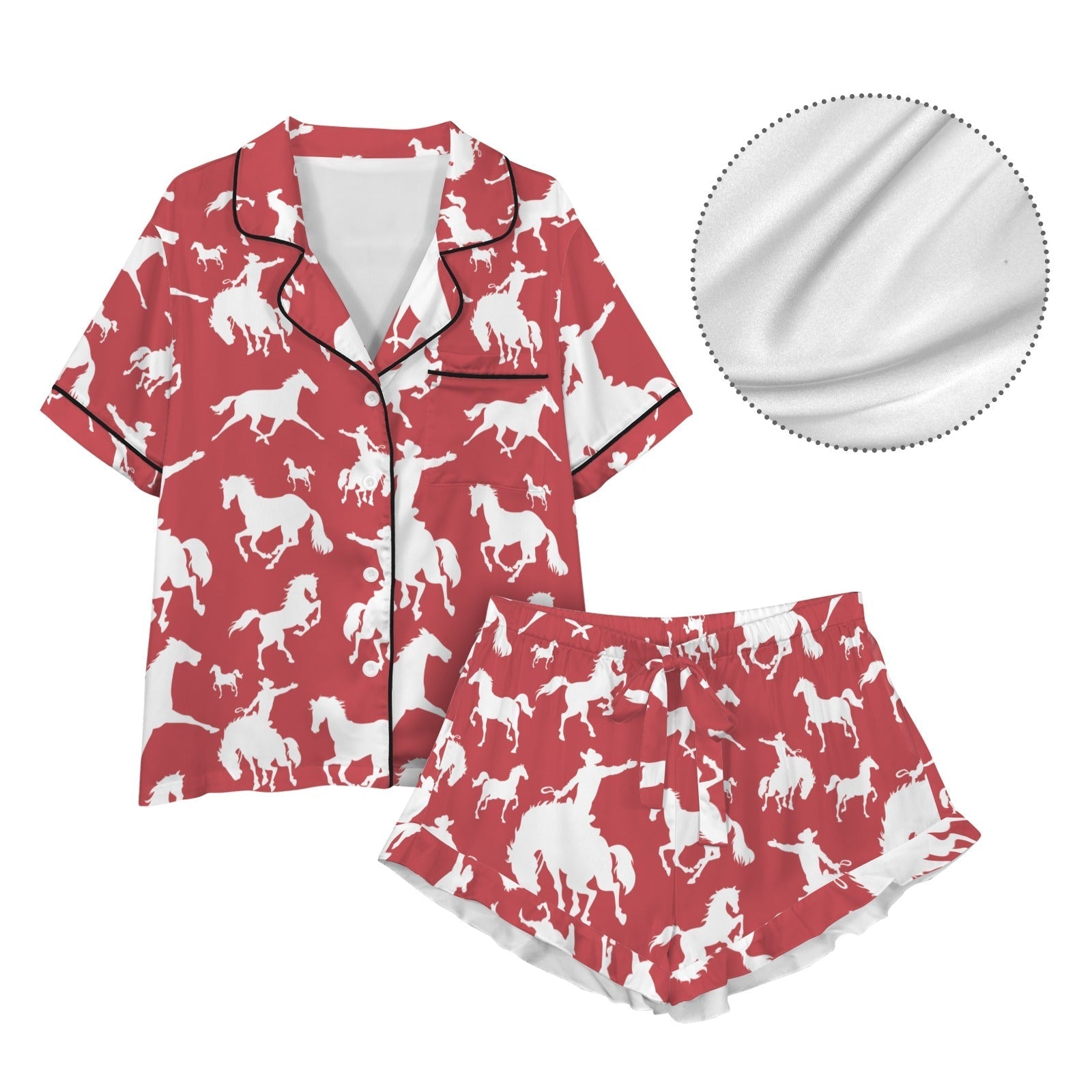 Baha Ranch Red Bronc Satin Ruffle Western Pajama Set Baha Ranch Western Wear