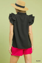 Umgee Textured Ruffle Sleeve V-Neck Blouse