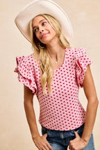 BiBi Heart Patterned Knit Ruffled Sleeves Top