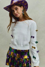 SO ME Mardi Gras Glitter Bow Ribbon Sweater Knit Top