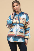 Blue Mountain Turquoise Aztec Lightweight Hoodie Made in America Baha Ranch Western Wear