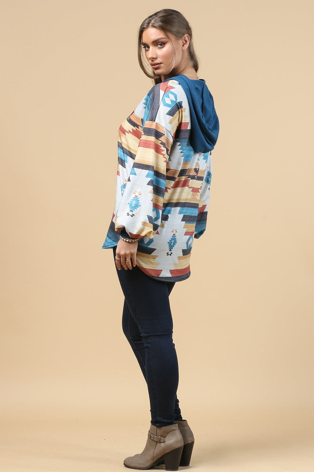 Blue Mountain Turquoise Aztec Lightweight Hoodie Made in America Baha Ranch Western Wear