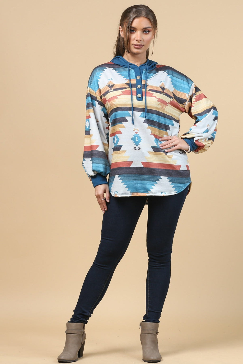 Blue Mountain Turquoise Aztec Lightweight Hoodie Made in America Baha Ranch Western Wear