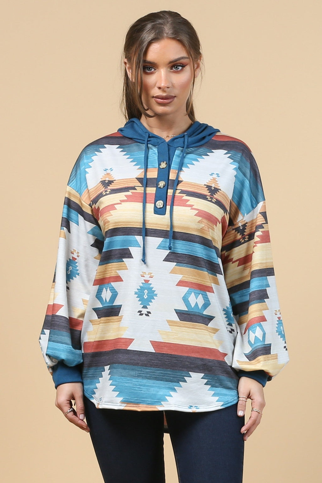 Blue Mountain Turquoise Aztec Lightweight Hoodie Made in America Baha Ranch Western Wear