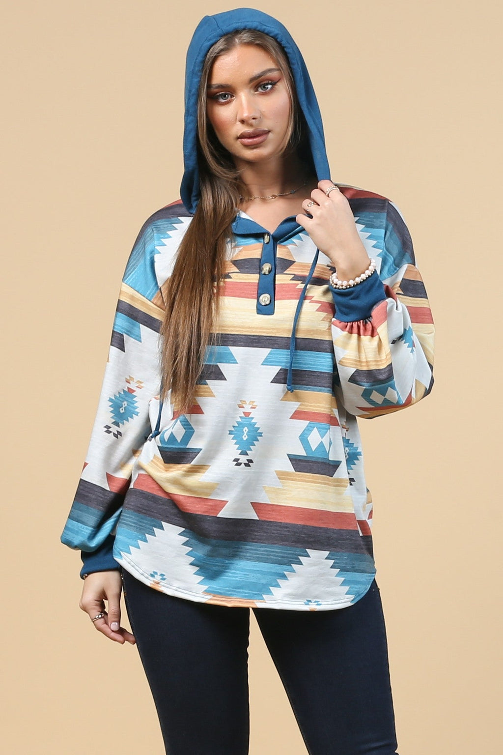 Blue Mountain Turquoise Aztec Lightweight Hoodie Made in America Baha Ranch Western Wear