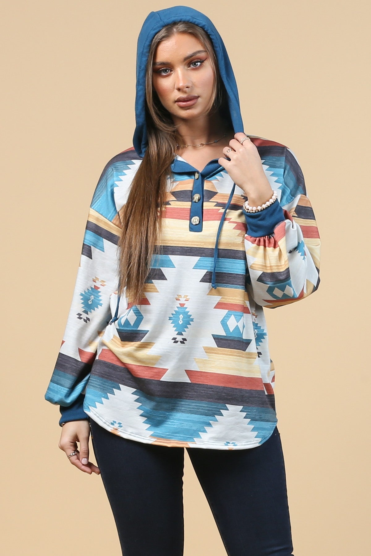 Blue Mountain Turquoise Aztec Lightweight Hoodie Made in America Baha Ranch Western Wear