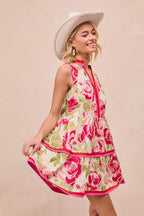BiBi Floral Woven Contrast Edge Tiered Ruffle Mini Dress