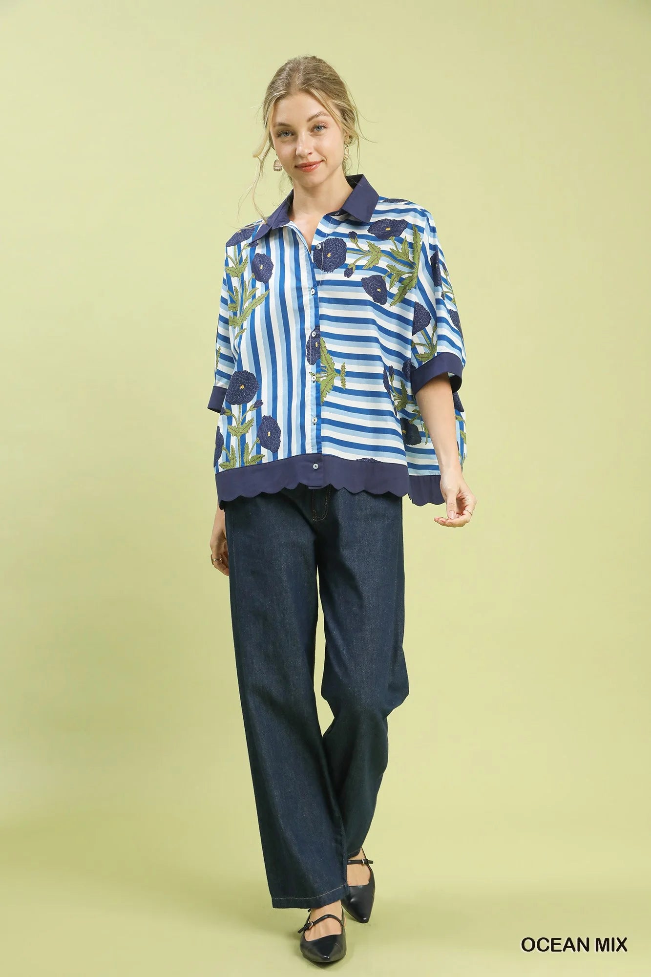 Umgee Mix Floral Stripe Button Down Top