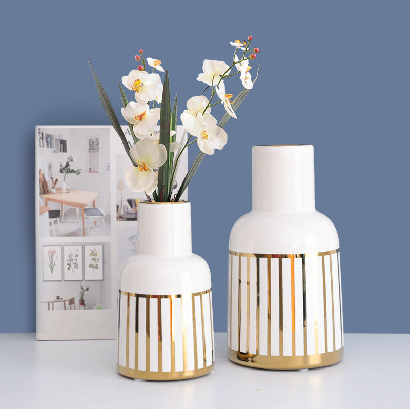 Gold-Plated Ceramic Vase Ornaments Golden Stripes Green Plant Hydroponic Flower Device