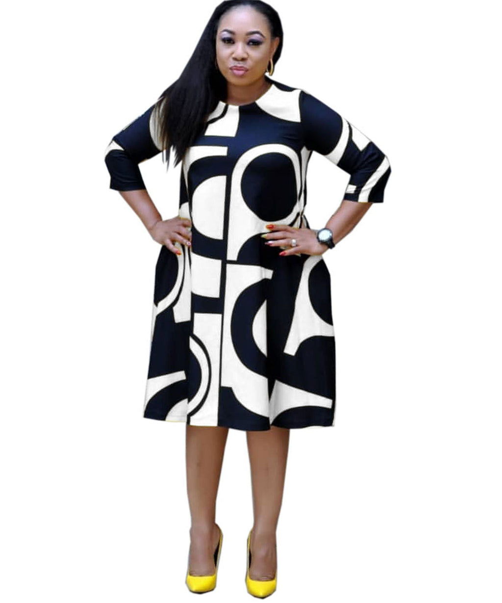 Women's fashionable Purple Printed Round Neck Mid Sleeve Plus Size Dress