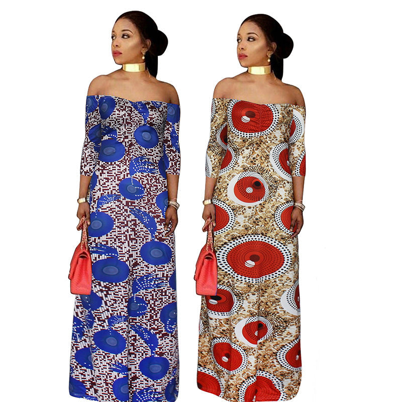 Printed One-Line Off-Shoulder Plus Size Dress