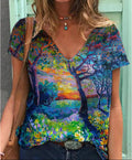 Painted V Neck Printed Loose Plus Size Short Sleeved T Shirt Women