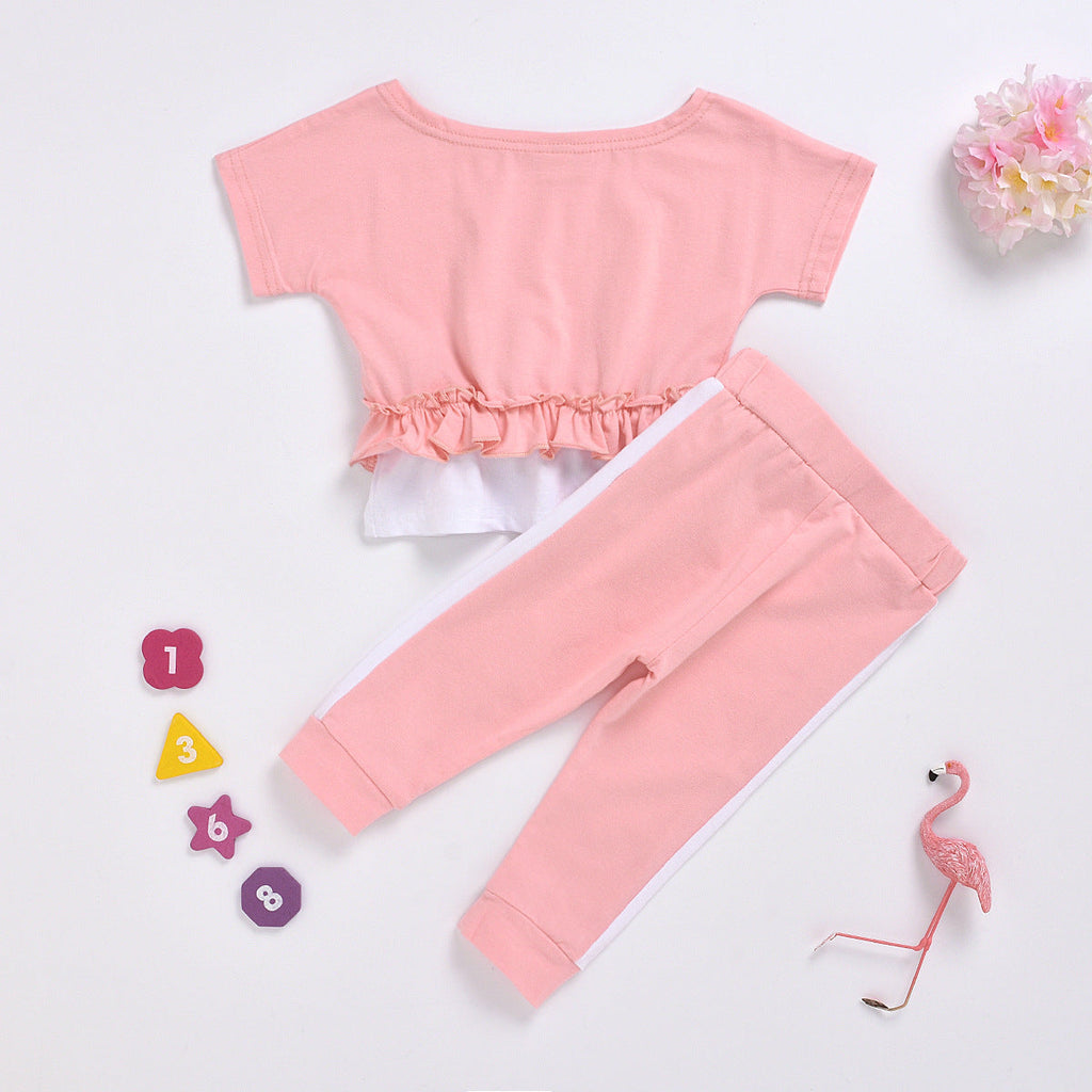 Fashion Girls Big Neckline Top Stitching Pants Suit
