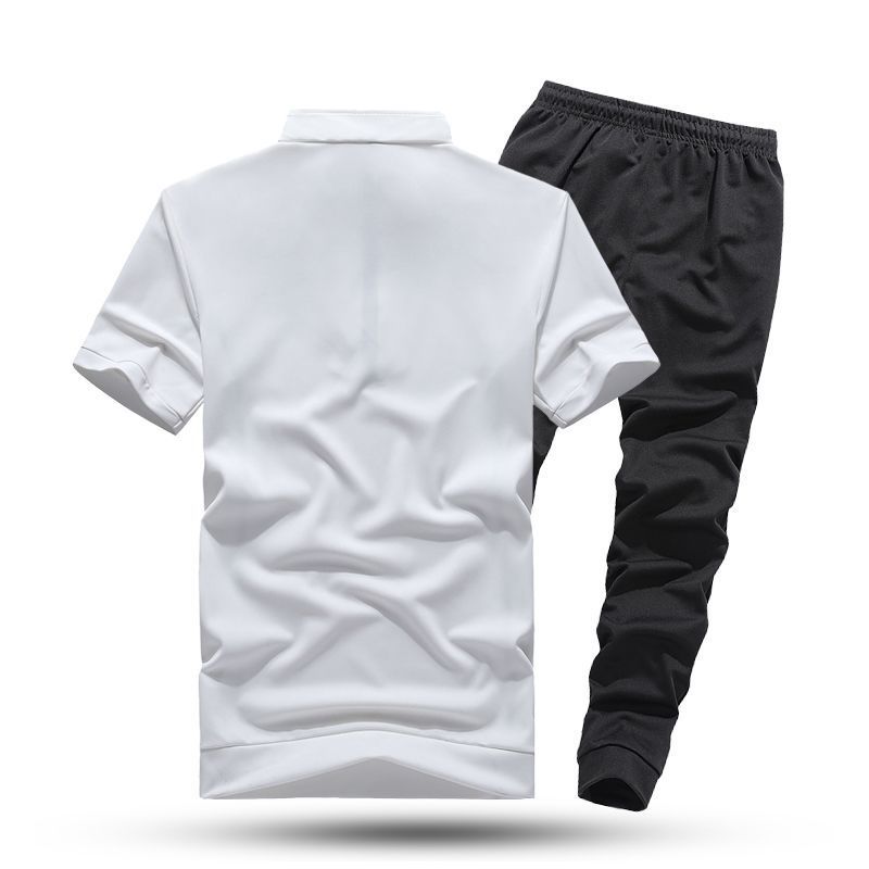 Sportswear Men's RED TSHIRT WITH  ZIPPER COLLAR SHORT SLEEVE TSHIRT, THIN ALL BLACK JOGGER PANTS SET