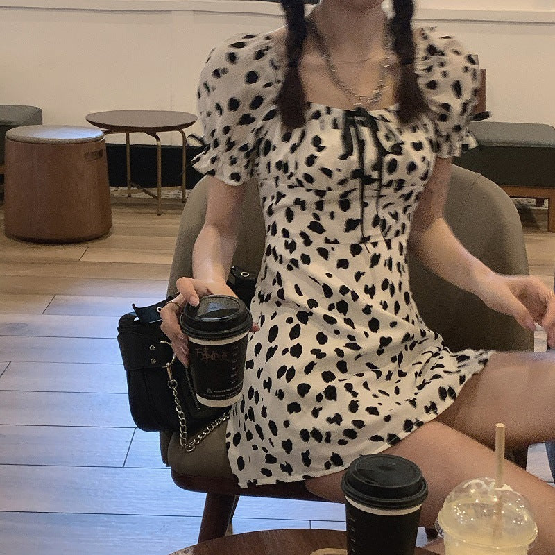 Sweet Dating Dress Can Salt Can Sweet Girl Leopard Print Cute Puff Sleeve Cow Striped Dress