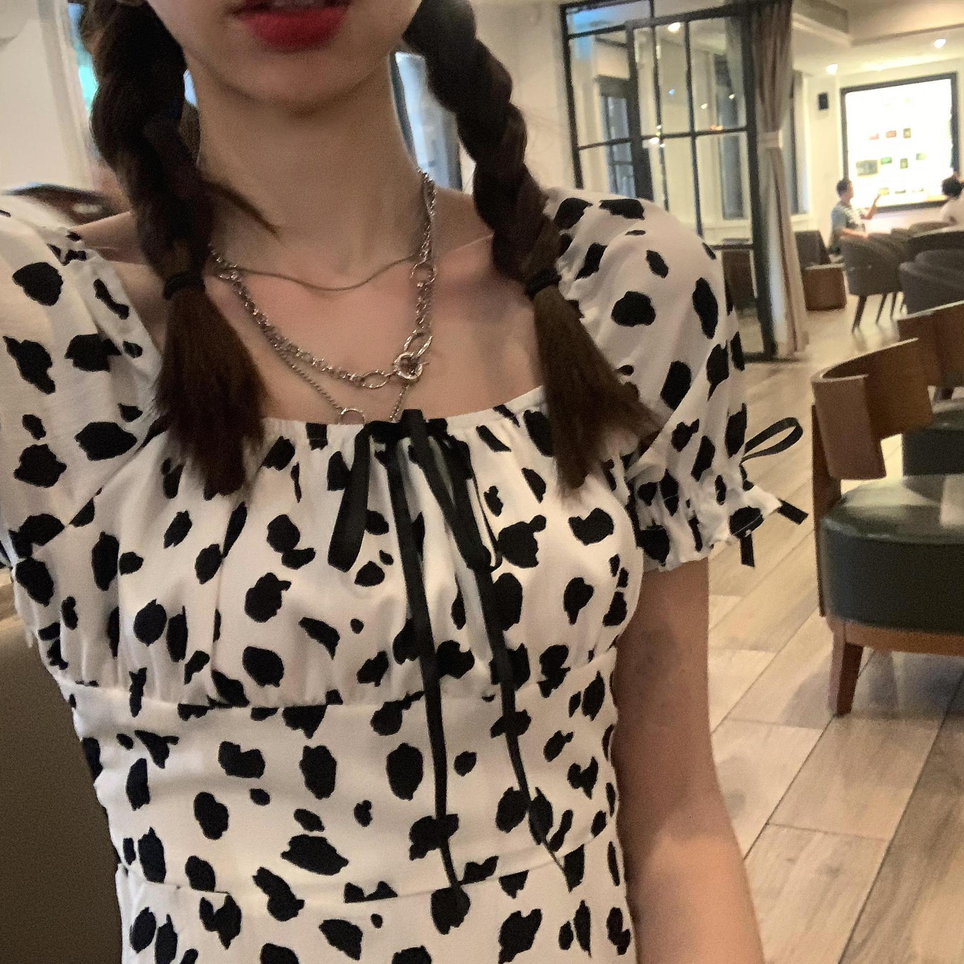 Sweet Dating Dress Can Salt Can Sweet Girl Leopard Print Cute Puff Sleeve Cow Striped Dress