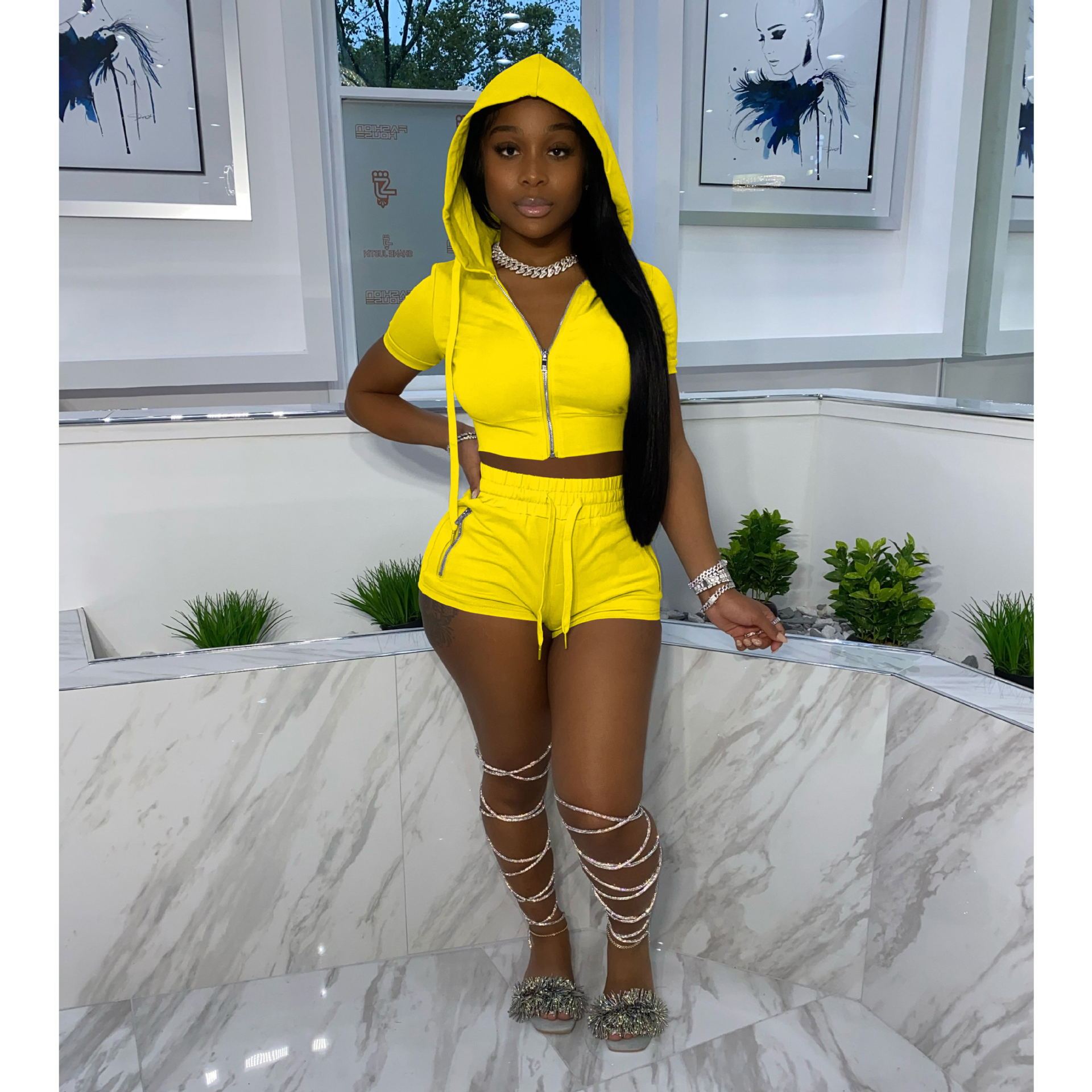Spring And Summer Hooded Zipper Short-sleeved Shorts Sports Two-piece Suit