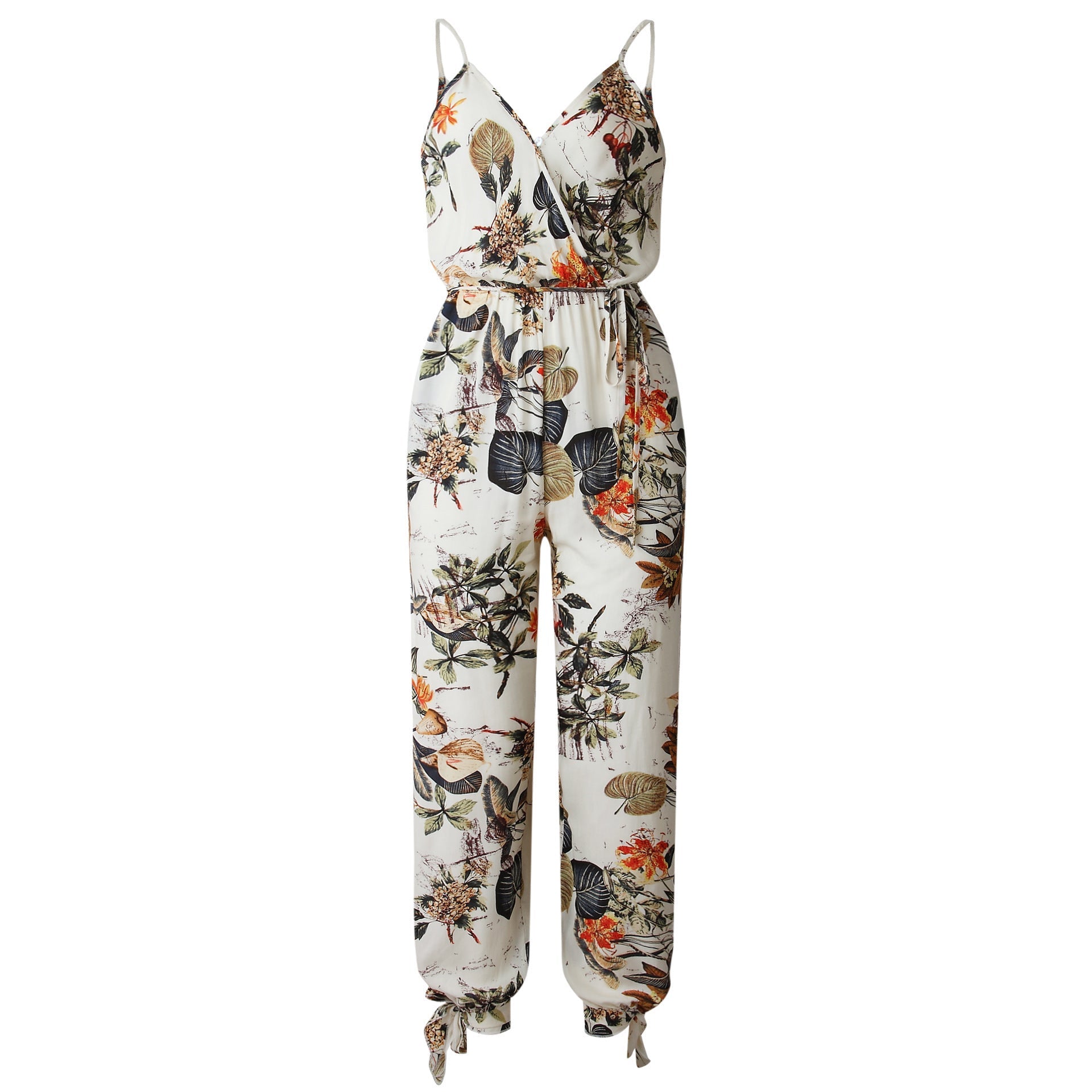 back tether deep V-neck suspender jumpsuit