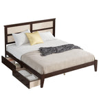 King Size Bed with Rattan Headboard, Two Storage Drawers, Rubber Wood Bed with Enhanced  Support Salts and Feet,Espresso