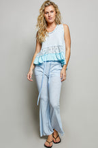 POL Floral Print Patche Round Neck Ribbed Tank with Double Gauze Ruffle Accents