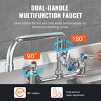 Commercial Faucet with Pre-Rinse Sprayer, 25' Height, 8' Center, 12' Swing Spout, Wall Mount Kitchen Sink Faucet, Brass Constructed Device with Pull Down Spray, for 1/2/3 Compartment Sink