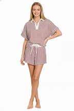Zenana Striped Collared Top & Shorts Set