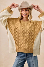 BiBi Cable Knit With Hacci Combo Sweater With Uneven Hem Detail