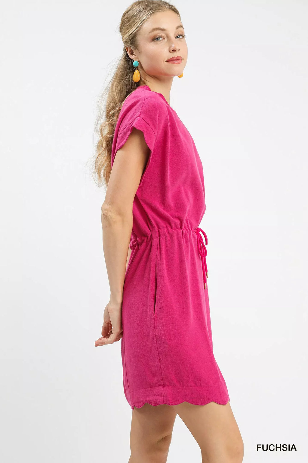 Umgee Linen Blend Scallop Hem Mini Dress