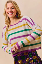 SO ME Mardi Gras Color Stripe Lightweight Sweater Top