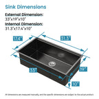 Kitchen Sink 33'x19' Multifunctional undermount Flying Rain Waterfall S304 Stainless Steel Handmade Modern Single Bowl Kitchen Sink Black