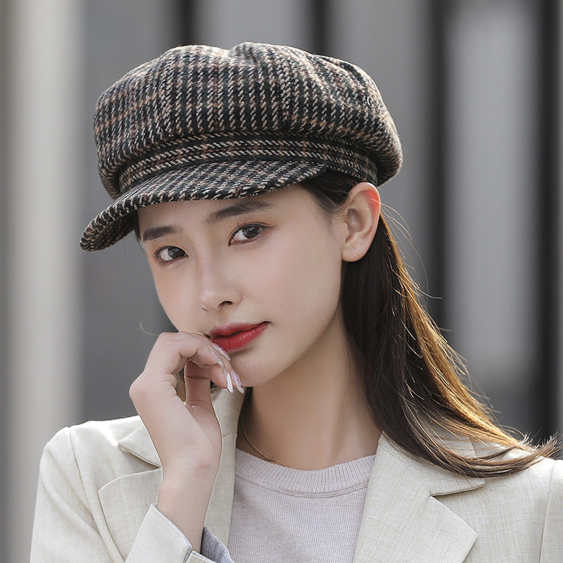 Navy Octagonal Cap Children's Woolen Houndstooth
