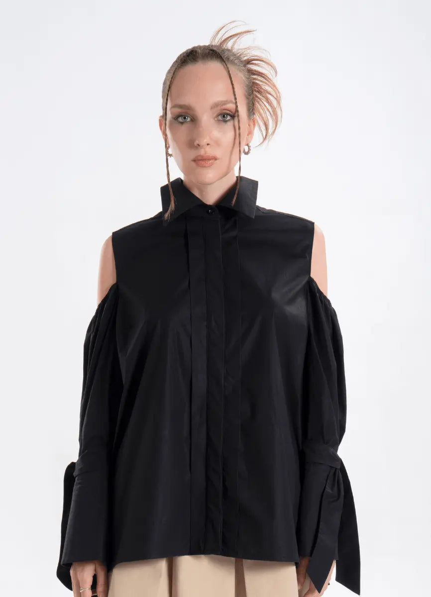 Quarta Open Shoulders Black Premium Poplin Shirt ETNA