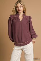 Umgee Ruffle Shoulder Long Sleeve Blouse