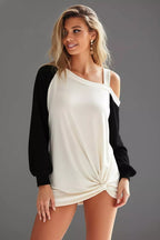BiBi French Terry Knit Color Block One Shoulder Top