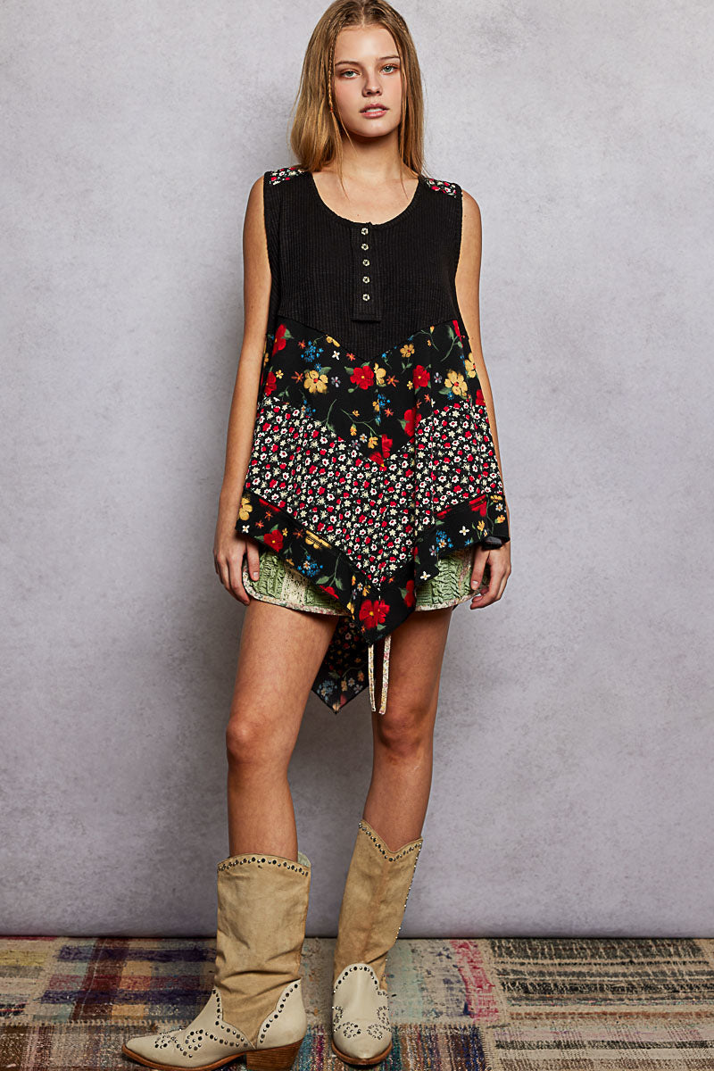 POL Round Neck Ribbed Tank with Woven Print Patch