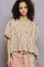 POL Floral Print V-Neck Woven Blouse with Gentle Gathers
