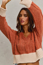 SO ME Chenille Cable Knit V Neck Contrast Cropped Sweater