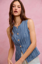 SO ME Stripe Slim Fit Button Front Denim Vest Top