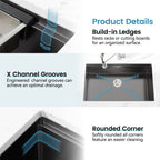 Kitchen Sink 33'x19' Multifunctional undermount Flying Rain Waterfall S304 Stainless Steel Handmade Modern Single Bowl Kitchen Sink Black