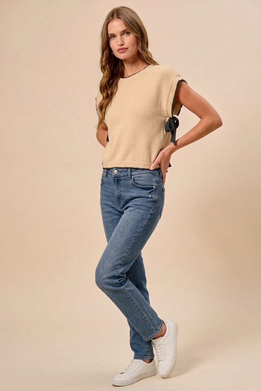 SO ME Lightweight Sweater Dolman Side Ribbon Tie Top