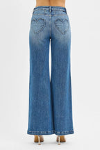 RISEN High Rise Wide Leg Jeans with Front Yoke and Heart Back Pocket
