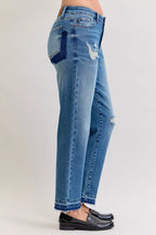 Judy Blue Full Size Mid Rise Bf Patch & Repair Destroyed Release Hem Jeans Plus Size